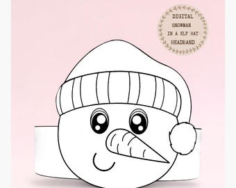 Snowman in a elf hat paper coloring crown,Christmas hat for kids,instant download winter crown,Digital party headband,printable party mask