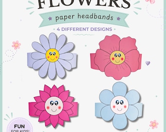 4 Flower paper crowns, Flower paper hats for kids, instant download paper crowns, Digital party headbands, printable party masks