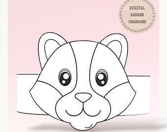 Badger paper coloring crown, Animal hat for kids, instant download crown Animals, Digital party headband, printable party mask, PDF hat