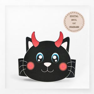 May include: A black cat headband with red devil horns, blue eyes, and pink cheeks. The headband has the text "DIGITAL DEVIL CAT HEADBAND" in a circular design. The cat face is centered on a white background.
