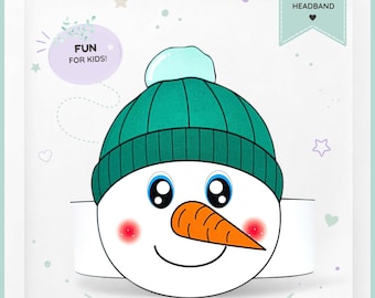 Snowman in a winter hat paper crown,Christmas paper hat for kids,instant download  winter crown,Digital party headband,printable party mask