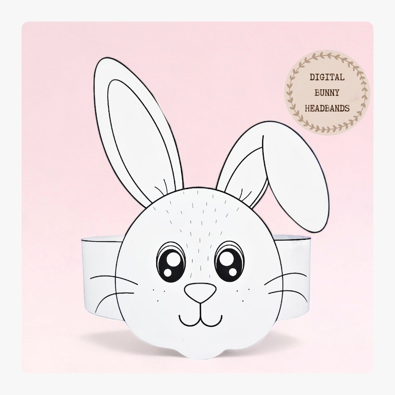 Corona para colorear de papel de conejito, sombrero de papel de conejo para niños, corona de papel de descarga instantánea Animales, diadema de fiesta digital, máscara PDF imprimible imagen 1
