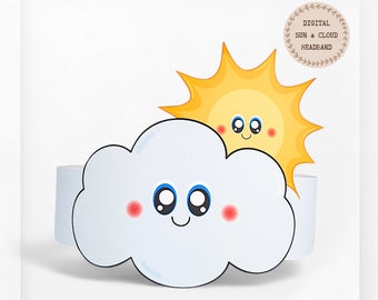 Couronne en papier soleil et nuages, chapeau en papier météo pour enfants, couronne en papier à téléchargement instantané astronomie, bandeau de fête numérique, masque de fête imprimable