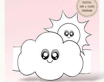 Sun and Cloud paper coloring crown,Weather hat for kids,instant download paper crown Astronomy,Digital party headband,printable party mask