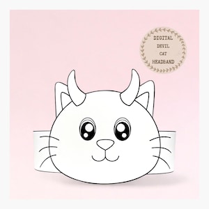 May include: A digital illustration of a white cat-shaped headband with devil horns. The cat has large, round eyes and whiskers. The text "DIGITAL DEVIL CAT HEADBAND" is in a circular design in the upper right corner.