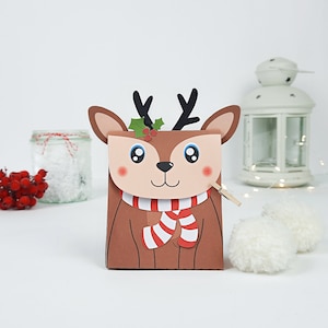 Boîte-cadeau de renne imprimable, boîte de faveur Noël, modèle pour assembler la boîte, modèles PDF de sac de friandises de Noël, boîte de bonbons de téléchargement instantané