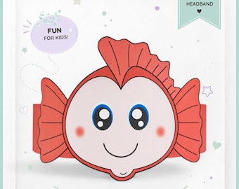 Fish paper crown, Animal paper hat for kids, instant download paper crown Animals, Digital party headband, printable party mask, PDF hat