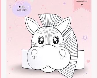 May include: A black and white line art zebra headband template featuring a cartoon zebra face with large eyes and a striped mane. The design includes text that reads DIGITAL ZEBRA HEADBAND, FUN FOR KIDS!, and PRINT • CUT • WEAR on a pink background.