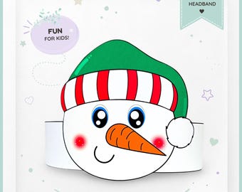 Snowman in a Elf hat paper crown,Christmas paper hat for kids,instant download  winter crown,Digital party headband,printable party mask
