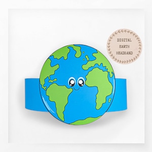 May include: A blue and green Earth headband with a smiling face. The headband is made of paper and has a blue band.