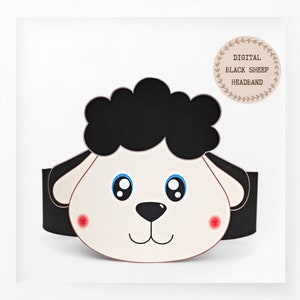 May include: Printable digital file of a black sheep headband. The headband features a cartoon black sheep with white fur, blue eyes, and a pink nose.