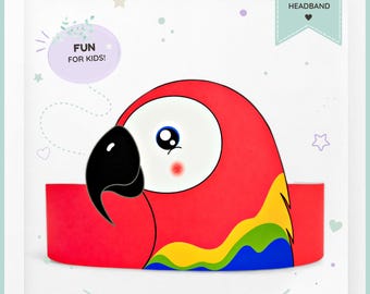 Parrot paper crown, Animal paper hat for kids, instant download paper crown Animals, Digital party headband, printable party mask, PDF hat