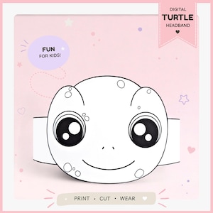 May include: A digital turtle headband craft template featuring a black and white line drawing of a turtle face with large eyes and spots. The design includes text that reads DIGITAL TURTLE HEADBAND, FUN FOR KIDS!, and PRINT • CUT • WEAR.