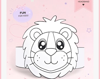 Lion paper coloring crown, Animal paper hat for kids, instant download paper crown Animals, Digital party headband, printable party mask