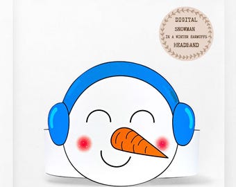 Snowman in a winter earmuffs paper crown,Christmas hat for kids,instant download  winter crown,Digital party headband,printable party mask