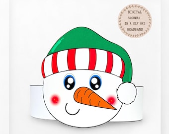 Snowman in a Elf hat paper crown,Christmas paper hat for kids,instant download  winter crown,Digital party headband,printable party mask