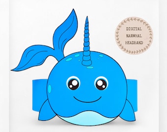 Narwhal paper crown, Animal paper hat for kids, instant download paper crown Animals, Digital party headband, printable party mask, PDF hat