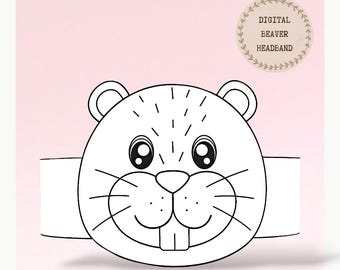 Beaver paper coloring crown, Animal hat for kids, instant download crown Animals, Digital party headband, printable party mask,PDF file
