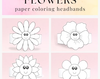 4 Flower paper coloring crowns, Flower paper hats for kids, instant download paper crowns, Digital party headbands, printable masks