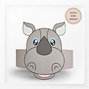 Corona di carta rinoceronte, cappello di carta animale per bambini, corona di carta download istantaneo Animali, fascia per feste digitale, maschera da festa stampabile, cappello PDF