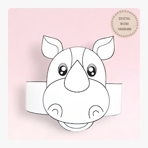 Corona da colorare in carta rinoceronte, cappello di carta per animali per bambini, corona di carta per download immediato Animali, fascia per feste digitale, maschera per feste stampabile