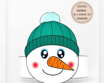 Snowman in a winter hat paper crown,Christmas paper hat for kids,instant download  winter crown,Digital party headband,printable party mask