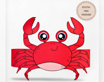 Crab paper crown, Animal paper hat for kids, instant download paper crown Animals, Digital party headband, printable party mask, PDF hat