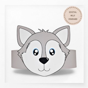 Corona di carta lupo, cappello di carta animale per bambini, corona di carta download istantaneo Animale, fascia per feste digitale, maschera da festa stampabile, cappello PDF