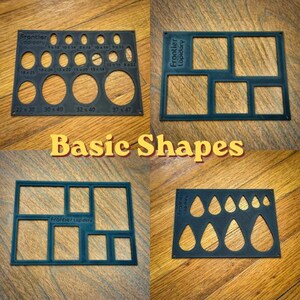 May include: Four black rectangular templates from Frontier Lapidary featuring various cutouts. One template has oval shapes with dimensions in mm, two have rectangular frames, and one has teardrop shapes. The text Basic Shapes is centered.