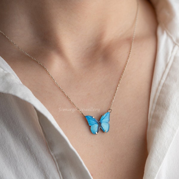 Blauer Schmetterling Halskette, Minimalist 925K Silber, Geburtstagsgeschenk für Sie, handgemachter Schmuck, Charm Anhänger, Muttertag, Freiheit Geschenk