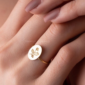 Birth Flower Ring for Women, 925k Silver  Floral Ring,  Minimalist Ring, Dainty Mom Ring, Gold Signet,  Mother&#39;s Day for Her, Christmas Gift