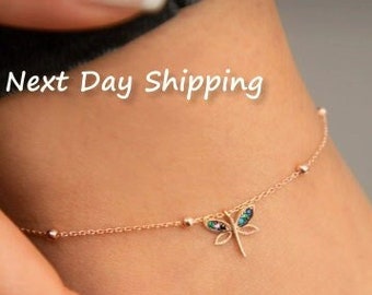 Minimalist Sterling Silver Dragonfly Anklet, Handmade Satellite Chain