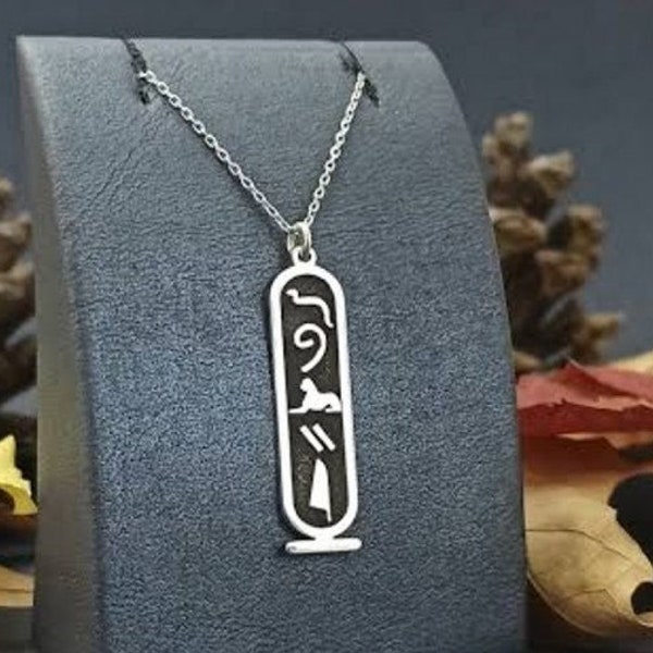 Egypt Cartouche Necklace, Hieroglyph Ancient Egypt Jewellery,  925K Silver Oxidized Bastet, Mother Day Gift, Handmade Jewelry Gift for him