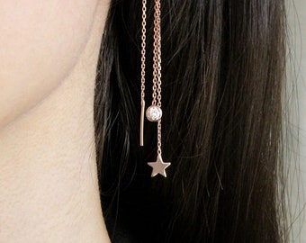 Sterling Silver Starburst Threader Earrings, Dangle Chain