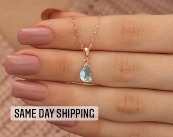 Aquamarine Sterling Silver Necklace, Teardrop Pendant, Handmade Jewelry