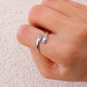 Silver Hug Ring, Adjustable Size, Christmas Gift, Hugging Hands Ring, Mother&#39;s day gift Give a Hug , Free UK Delivery, handmade gift for her