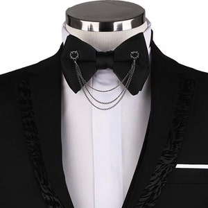 Black Bow Tie with Collar Chain, Solid Black Satin, Premium Wedding Bowtie, Gift for Groom, Groomsmen, Best man, Dad, Boyfriend, Christmas