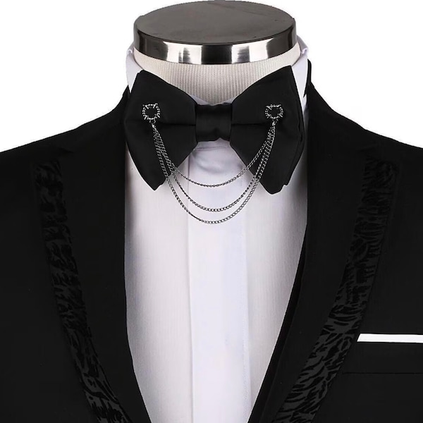 Black Bow Tie with Collar Chain, Solid Black Satin, Premium Wedding Bowtie, Gift for Groom, Groomsmen, Best man, Dad, Boyfriend, Butterfly