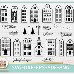 Può includere: File di taglio digitale in bianco e nero con vari disegni di case, alberi di Natale, lampioni e elementi di testo. Il testo include "O du Winterzeit", "Let it snow!" e "Herzlich Willkommen". Formati: SVG, DXF, EPS, PDF e PNG.