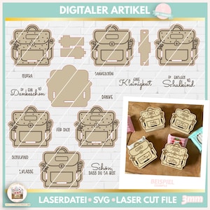 Laserdatei Einschulung Schulranzen Gastgeschenk SVG, Laser Cut Schulanfang Gastgeschenk, Laserdatei Mini Schulranzen, Schulanfang SVG