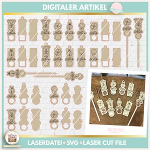 Laserdatei Neujahr Glückscent Anhänger und Blumenstecker SVG, Laser Cut Datei Neujahr und Glück für 1 Cent Münze, Glücksschwein SVG