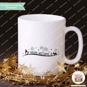 May include: White ceramic mug with a black design featuring a gnome, fireworks, and the text "CHEERIO, MISS SOPHIE".