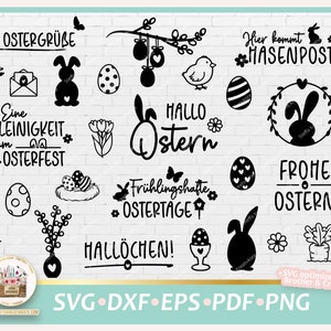 Könnte beinhalten: Eine Sammlung von 16 Schwarz-Weiß-SVG-Schnittdateien zum Thema Ostern. Die Designs beinhalten Hasen, Eier, Blumen und Text in Deutsch wie "Ostergrüße", "Hallo Ostern" und "Frühlingshafte Ostertage".