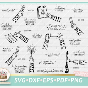 以下が含まれることがあります： 新年イブの白黒のSVGカットファイル12個セット。デザインは、シャンパングラス、スパークラー、カレンダー、シャンパンボトルなど、さまざまな新年のテーマのアイテムを持った手を特徴としています。画像のテキストには、「ハッピーニューイヤー」、「グッテンルッツ」、「フロースノイエスヤール」、「フィールグリュックイムノイエスヤール」が含まれています。