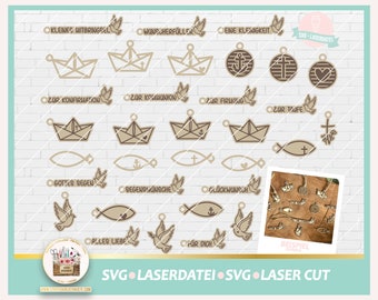 Peut inclure: Un ensemble de 20 fichiers SVG découpés au laser présentant divers symboles religieux et expressions en allemand. Les motifs comprennent des colombes, des bateaux, des ancres, des croix, des poissons et des cœurs. Le texte comprend des expressions comme "Gottes Segen" (Bénédiction de Dieu), "Zur Taufe" (Pour le baptême) et "Alles Liebe" (Tout l'amour).