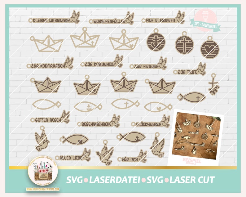 Bundle mit 33 digitalen Illustrationen von christlichen Anhängern mit Schiff, Fisch, Taube und Kreuz, zu den Themen Konfirmation, Kommunion, Taufe, Firmung und Glaube, in dem Dateiformat SVG, zur Verwendung als Laserdatei und Laser Cut Datei.