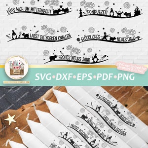 May include: Eight white candles with black and white illustrations of gnomes, fireworks, and text in German. The text includes "Prosit Neujahr!" "Alles gl&auml;nzt, so sch&ouml;n neu" "Kuss mich um Mitternacht" "Lasst die Korken knallen" "Gl&uuml;ckliches Neues Jahr" "Frohes Neues Jahr" "Lass Funken spr&uuml;hen" "Fonduezeit" "Cheerio, Miss Sophie".