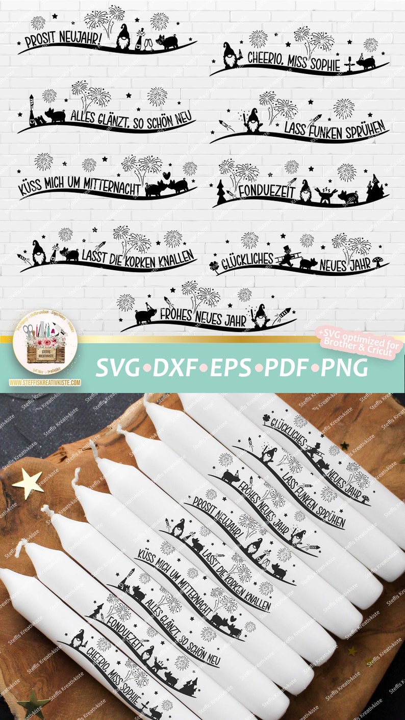 May include: Eight white candles with black and white illustrations of gnomes, fireworks, and text in German. The text includes "Prosit Neujahr!" "Alles gl&auml;nzt, so sch&ouml;n neu" "Kuss mich um Mitternacht" "Lasst die Korken knallen" "Gl&uuml;ckliches Neues Jahr" "Frohes Neues Jahr" "Lass Funken spr&uuml;hen" "Fonduezeit" "Cheerio, Miss Sophie".