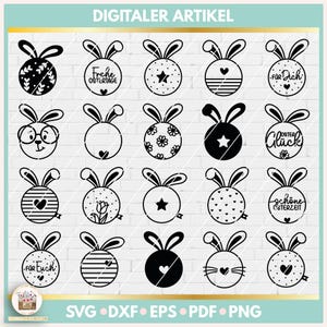 May include: A collection of black and white Easter bunny designs. Each bunny has a different pattern or design, including hearts, stars, flowers, and stripes. Some designs include German text. The words "DIGITALER ARTIKEL" and file type abbreviations are also present.