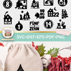 May include: A set of 24 black and white Christmas advent calendar designs featuring numbers, illustrations, and German words. The designs include a gnome, a star, a reindeer, a Christmas tree, a house, and a gift box. The designs are optimized for use with Cricut and Brother cutting machines.